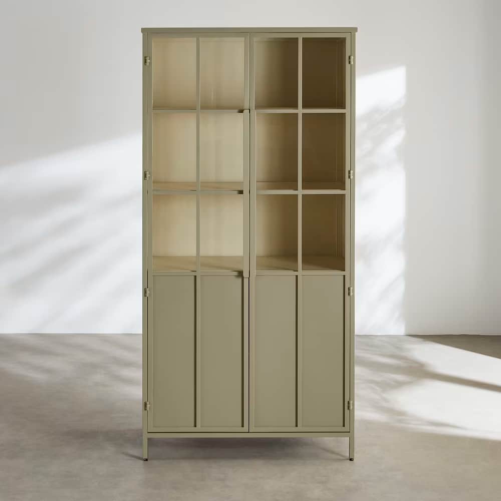 A tall, rectangular display cabinet in a muted sage green finish, featuring two upper glass-paned do… — 3D model