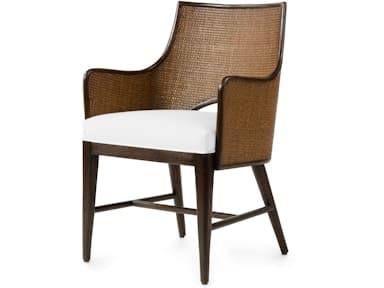 A dark wood armchair with a woven cane back and seat cushion upholstered in white fabric. The chair has a slightly curved back and armrests, and its legs are supported by crossbars. — 3D model