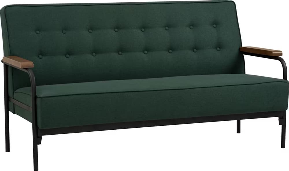 A two-seater sofa with a deep green upholstered seat and backrest. The backrest features tufted buttons. It has a minimalist metal frame in black, with curved armrests topped by light brown wooden panels. The sofa stands on thin, black metal legs. — 3D model