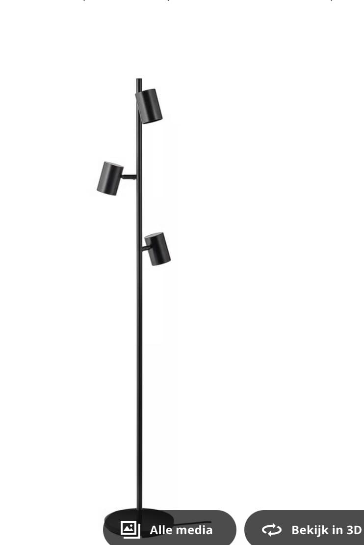 A tall, slender black floor lamp featuring a stable circular base and a central pole. Three cylindrical spotlight heads are attached at different heights along the pole, each designed to be independently adjustable for directed illumination. The overall design is modern and minimalist. — 3D model