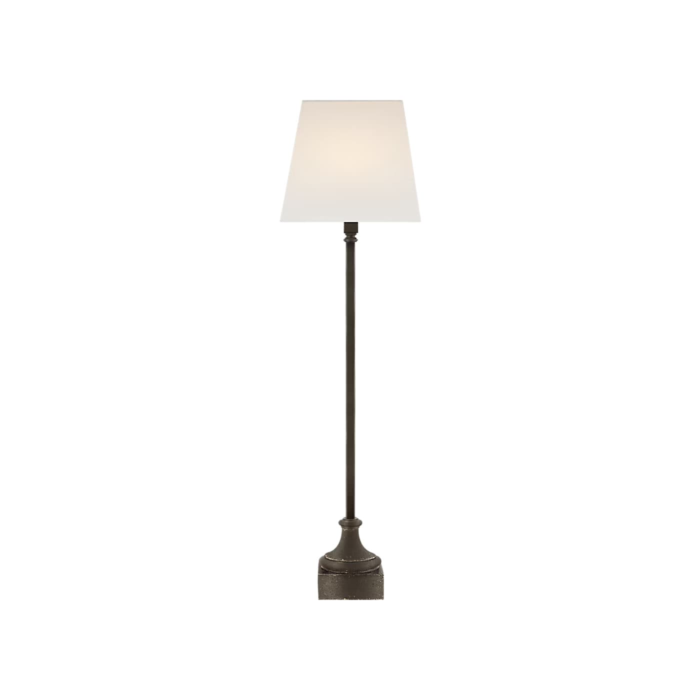 A tall, slender floor lamp featuring a dark, possibly bronze-finished metal base and stem, topped with a white, tapered fabric shade. The base has an ornate, bell-shaped detail, leading into a thin, straight stem. — 3D model