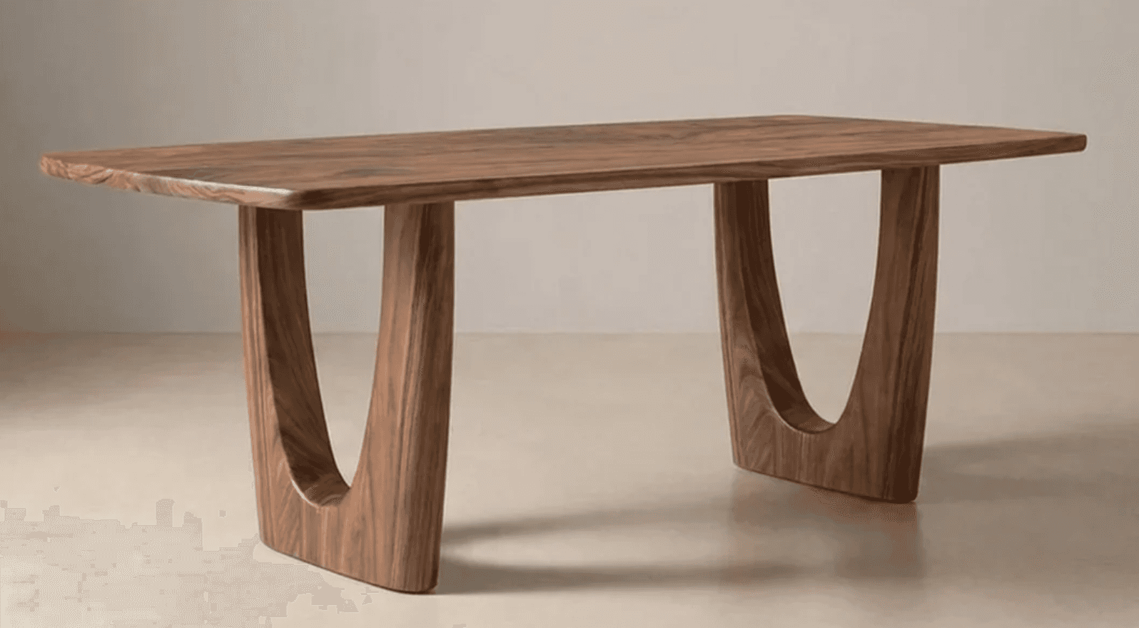 A rectangular dining table crafted from solid walnut wood, featuring a thick, smooth tabletop and tw… — 3D model