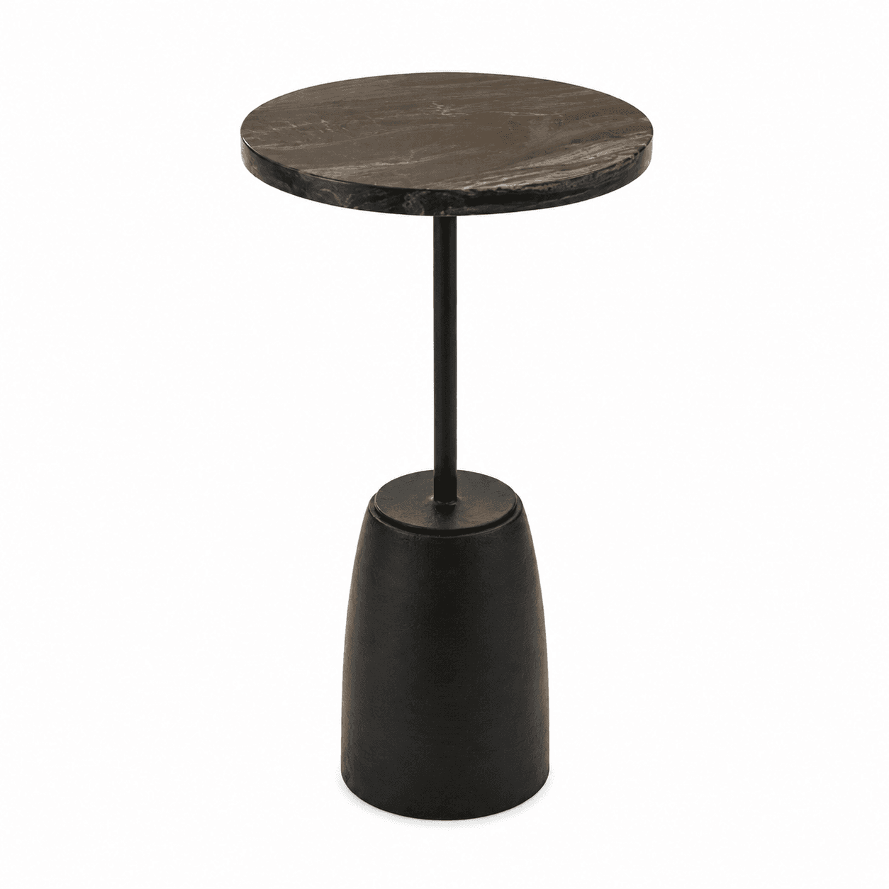 A round-topped side table with a tapered, weighted base. The tabletop features a marbled or wood-grain pattern. It has a single central pedestal leg, also black, connecting the tabletop to the base. — 3D model