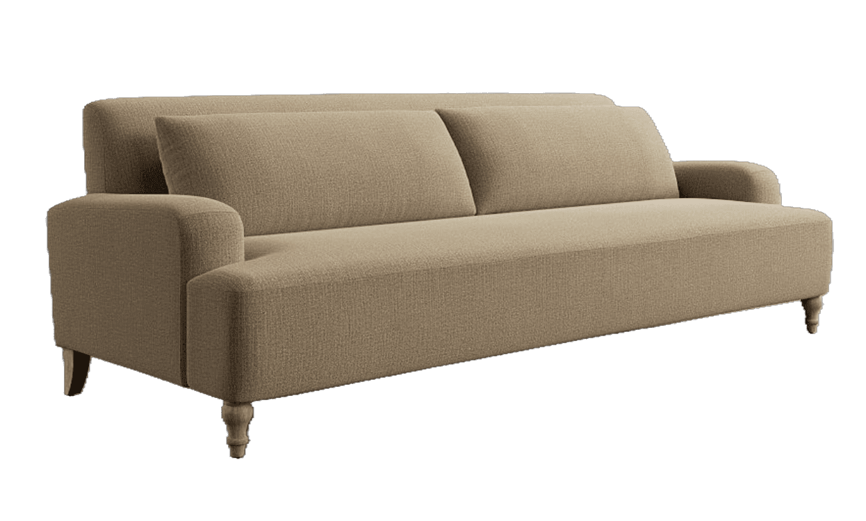 A two-seater sofa upholstered in a textured, light brown fabric. It features a straight back with tw… — 3D model