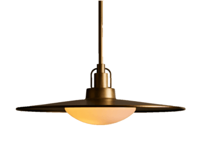 A modern pendant light featuring a wide, conical brass shade and a spherical frosted glass diffuser, suspended by a rigid brass rod. — 3D model