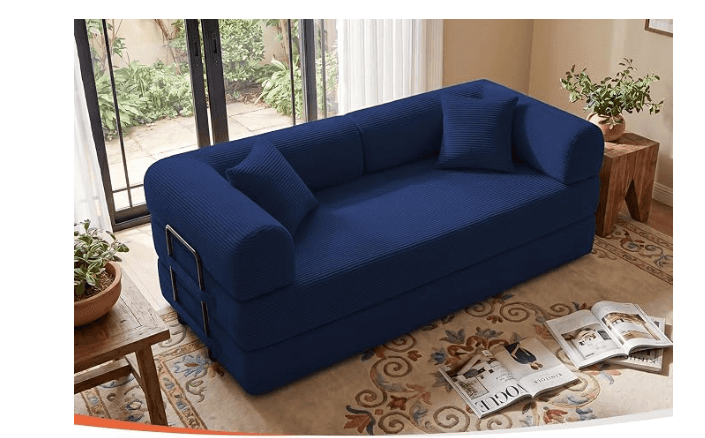 A dark navy blue convertible sofa bed, upholstered in a distinct ribbed fabric texture. The design f… — 3D model