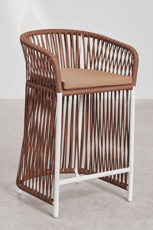 A contemporary bar stool featuring a brown woven rope seat and back, integrated armrests, and a whit… — 3D model