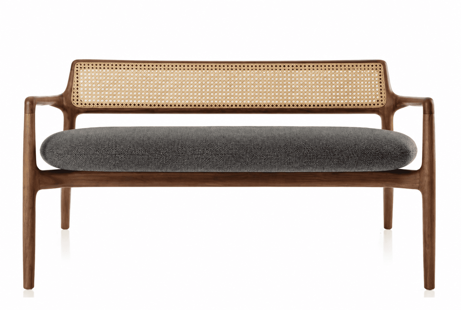 A modern loveseat featuring a dark wood frame, a woven cane backrest, and a charcoal grey upholstere… — free GLB 3D model