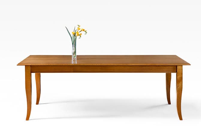 A rectangular solid wood dining table featuring a medium honey-toned finish and elegant cabriole legs. The table has a simple, clean apron beneath the tabletop. — 3D model