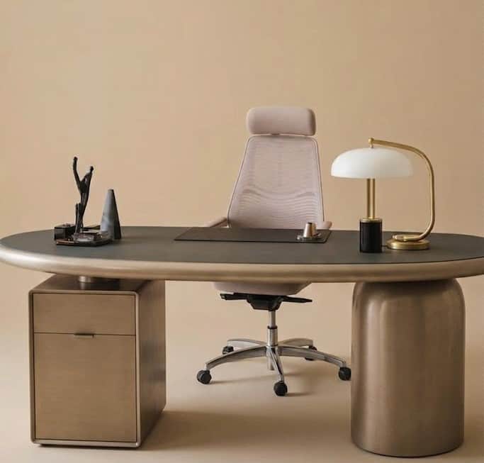 An elegant, modern executive desk featuring a distinct oval-shaped dark grey top contrasting with a… — 3D model