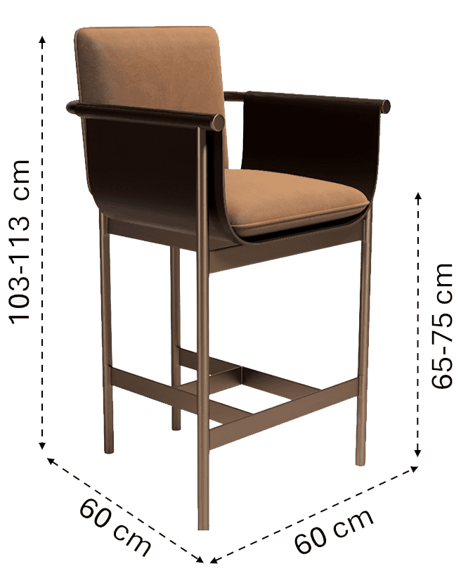 A contemporary bar stool featuring a bronze-toned metal frame, a dark brown curved back and armrest… — 3D model