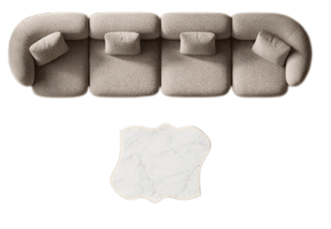 An overhead view of a contemporary modular sectional sofa. The sofa features multiple curvilinear sections, allowing for flexible arrangements. It is upholstered in a textured boucle fabric, likely in an ecru or light beige color, and includes matching square-shaped scatter cushions. — 3D model