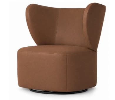 A contemporary lounge chair upholstered in rich brown leather, featuring a high, curved backrest and integrated arms. The chair has a cylindrical, fully upholstered base with a concealed swivel mechanism. — 3D model