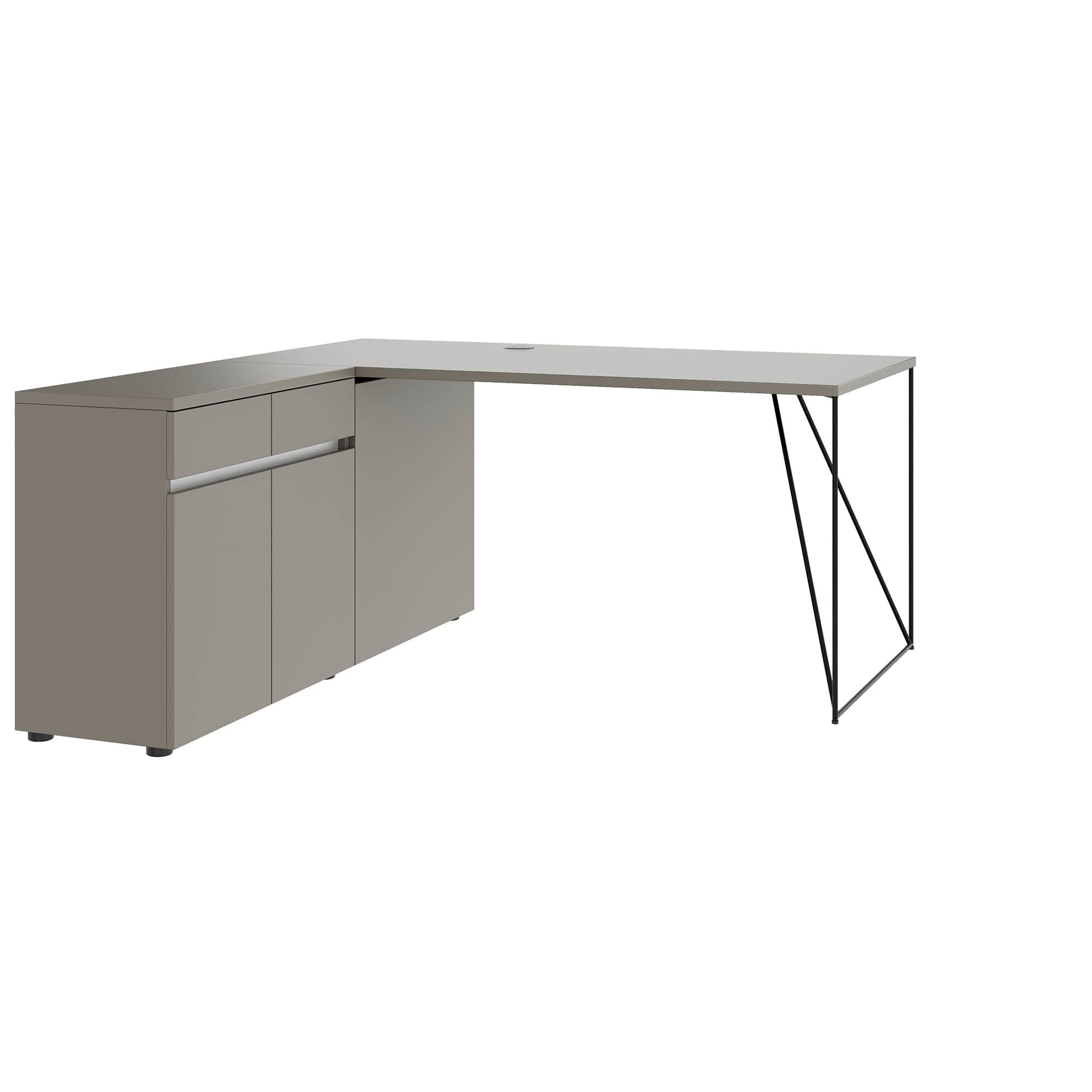 A modern L-shaped desk with a taupe finish. The left section features two cabinet doors and a drawer… — 3D model