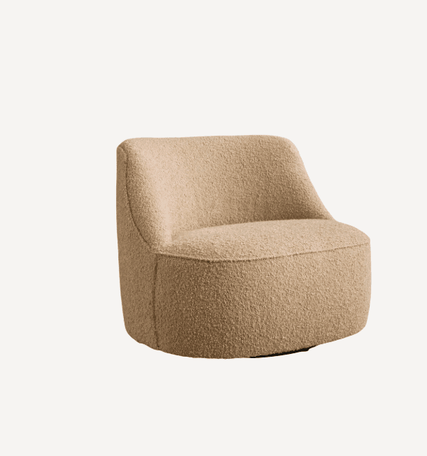 A beige upholstered armless chair with a rounded, low-back design and a distinctively textured bouclé fabric, featuring a modern, compact silhouette. — 3D model