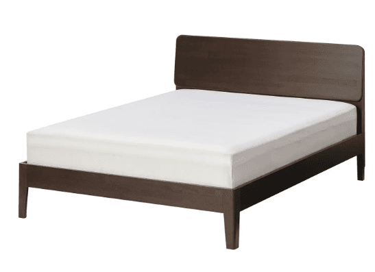 A dark brown wooden bed frame with a minimalist design, featuring a solid panel headboard and tapered legs. A white mattress is visible on the platform. — 3D model