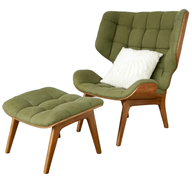 An armchair with a high, winged back and a cushioned seat. The upholstery is a deep olive green with a tufted pattern. The frame and legs are made of dark wood. A white decorative pillow with a raised pattern is placed on the seat. — 3D model