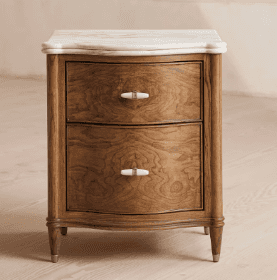 A classic nightstand with a marble top and two drawers. The wooden body features a rich, warm wood g… — 3D model
