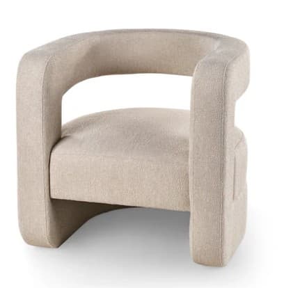 A contemporary armchair with a rounded, sculptural form. The armchair features a fully upholstered body with a curved backrest that extends into integrated armrests. The seat is also upholstered and appears to be well-padded. The base has a subtle curve, providing a modern aesthetic. The fabric has a textured, boucle-like appearance. — 3D model