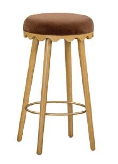 A bar stool featuring a round, plush brown velvet upholstered seat. The seat is supported by a distinctive wooden frame with a scalloped edge detail. Four splayed, light-toned wooden legs provide stability, reinforced by a circular brass footrest ring. — 3D model