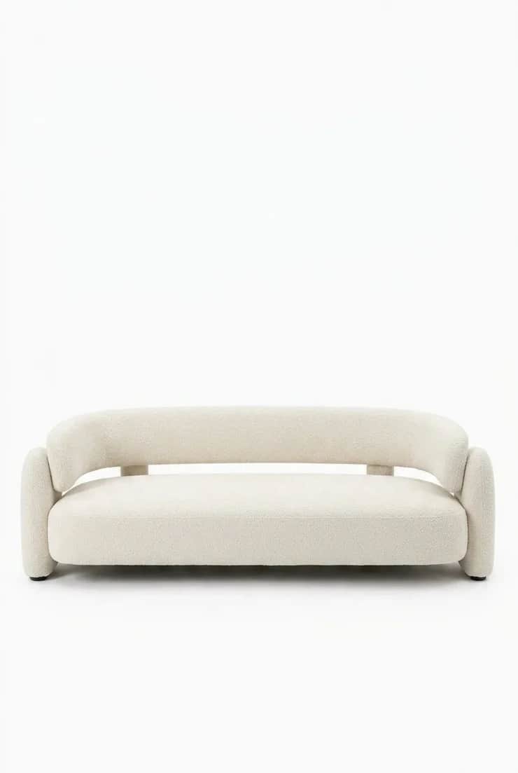 A modern two-seater sofa upholstered in a cream-colored boucle fabric, characterized by its minimali… — 3D model