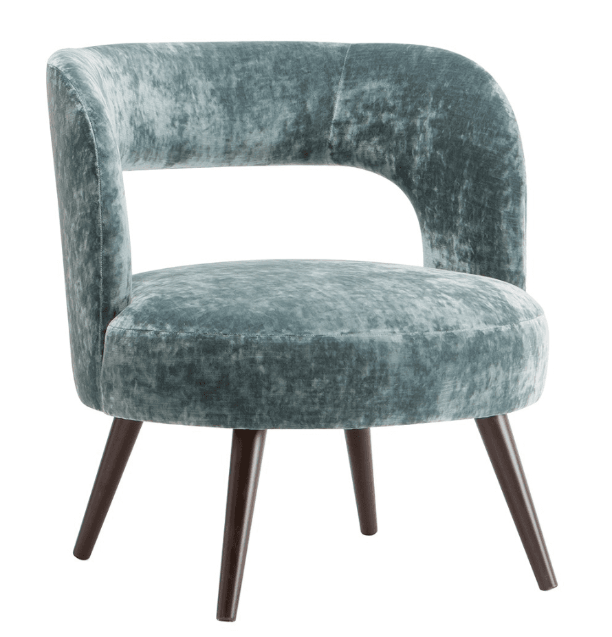 A velvet upholstered armchair with a rounded, C-shaped backrest and a circular seat. The chair has f… — 3D model