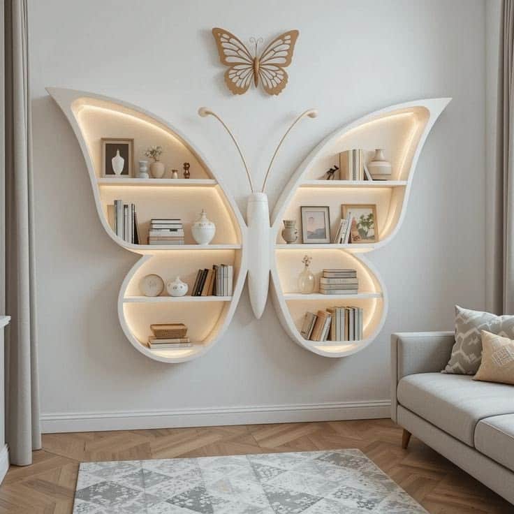 A white, butterfly-shaped decorative shelving unit featuring multiple internal compartments with int… — 3D model