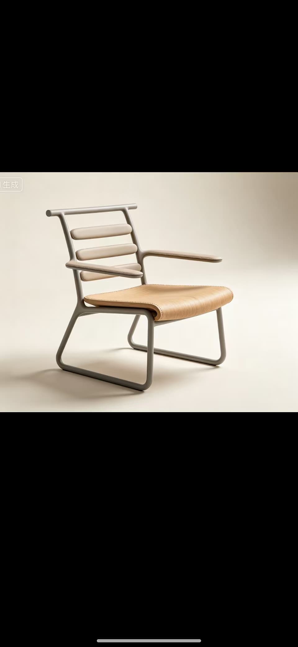 An armchair featuring a grey tubular metal frame, bentwood components for the seat and back slats, all covered in natural-colored leather. — 3D model