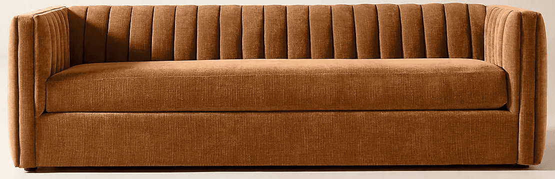 A contemporary sofa upholstered in a warm brown textured fabric, featuring prominent vertical channel tufting on the backrest and integrated armrests, with a single seat cushion. — 3D model