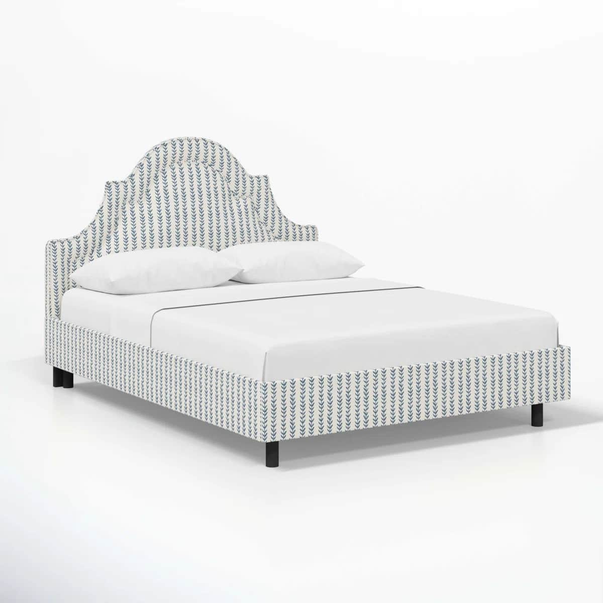 A fully upholstered bed frame with a patterned fabric. The headboard features a curved, tiered silho… — free BLEND 3D model
