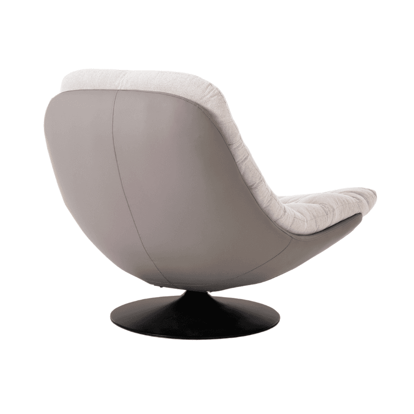 A modern accent chair with a swivel base. The chair features a low-profile, egg-shaped silhouette. The exterior shell appears to be made of a smooth, matte gray material, possibly faux leather or finished leather. The interior seating surface is upholstered in a textured, light-colored fabric with a subtle woven pattern and visible tufting. The chair rests on a circular, black metal swivel base. — 3D model