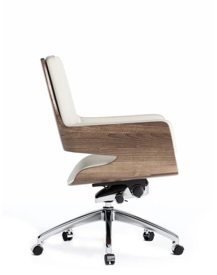 A modern swivel office chair featuring a curved bentwood shell and upholstered seat and back. The exterior of the chair's frame is a warm brown wood grain, while the interior is covered in a light, off-white or cream upholstery. It sits on a polished chrome five-star base equipped with black casters for mobility. The chair includes a visible mechanism underneath the seat for height and tilt adjustments, indicating functionality typical of an office environment. — 3D model