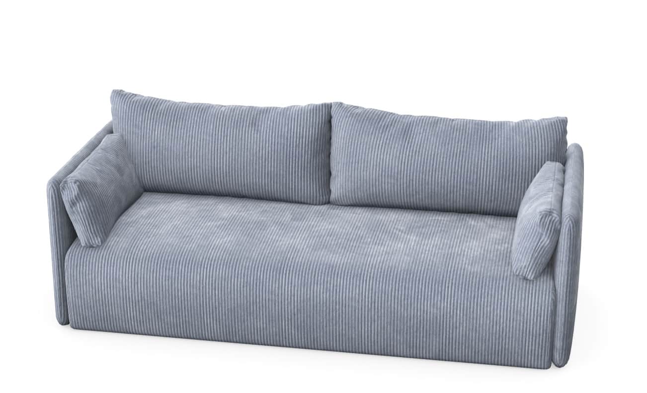 A contemporary two-seater sofa upholstered in a light blue corduroy fabric, featuring a minimalist d… — free GLTF 3D model