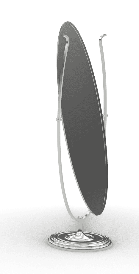 An oval-shaped mirror featuring a polished metal finish, mounted on a U-shaped stand that allows it… — 3D model