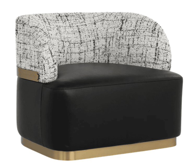A contemporary single-seat accent chair featuring a barrel-shaped backrest. The backrest is upholstered in a textured black and white fabric, while the seat and lower body are covered in black faux leather. The chair rests on a recessed plinth base finished in brushed brass, with a matching brass accent band under the backrest. — 3D model