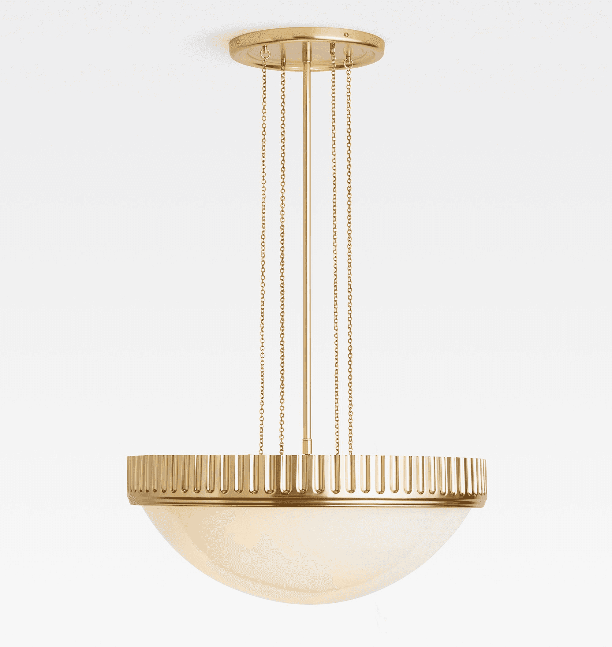 A gold-toned chandelier with a ribbed metal trim around a translucent bowl-shaped shade. It is suspe… — 3D model