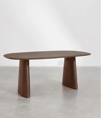 A modern dining table with an oval, elongated tabletop and two solid, curved pedestal legs. The legs… — free GLB 3D model