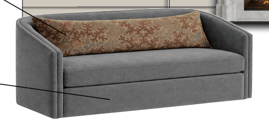 A compact loveseat upholstered in a textured gray fabric. It features a curved backrest that extends into armrests with vertical panel detailing. A long, rectangular lumbar pillow with a complex pattern in red and gold tones is placed on the seat. — 3D model