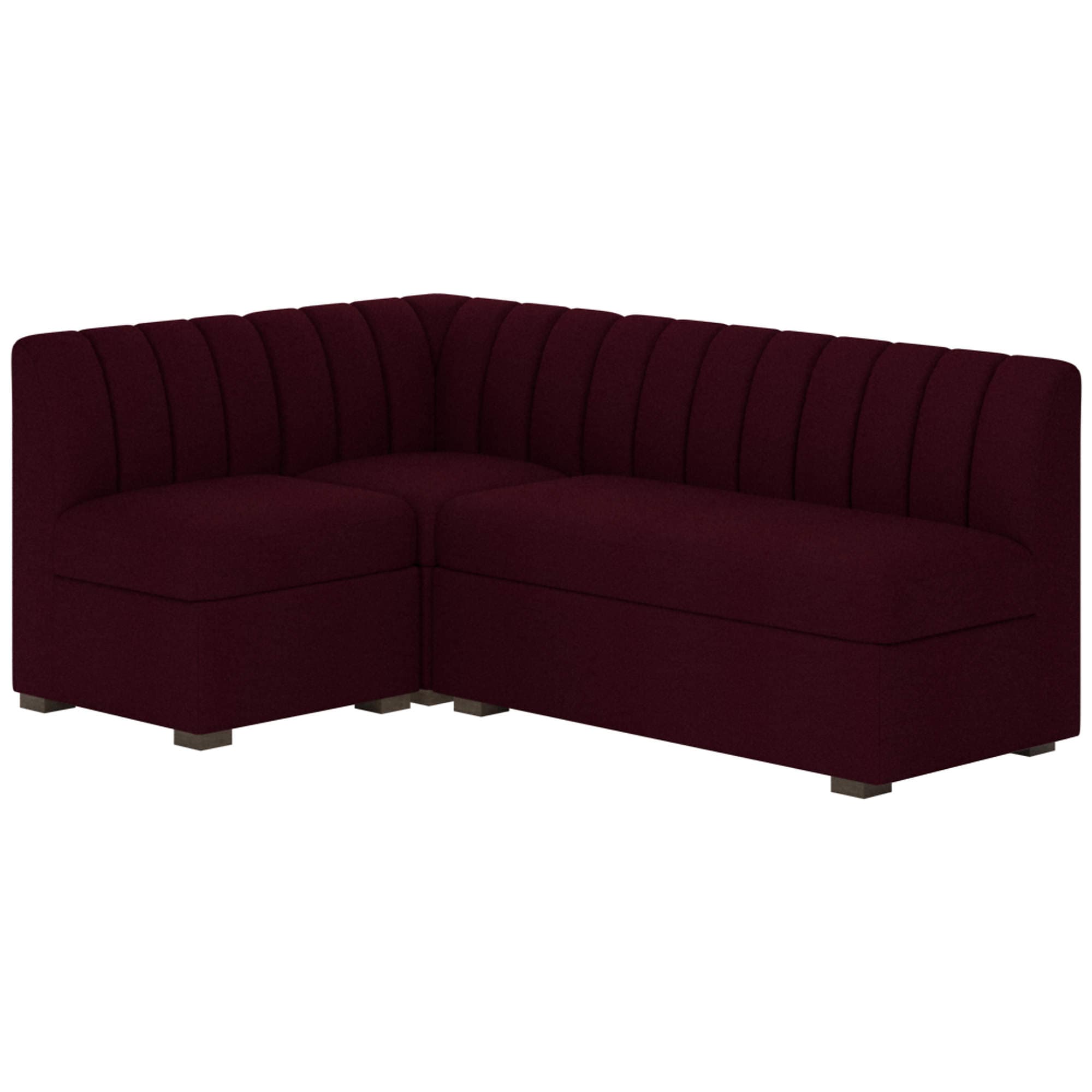 A modular sectional sofa with a channeled backrest and upholstered seat cushions. The sofa has a deep burgundy upholstery and sits on low, square wooden feet. The design is modern with a slight art deco influence due to the channeling. — 3D model