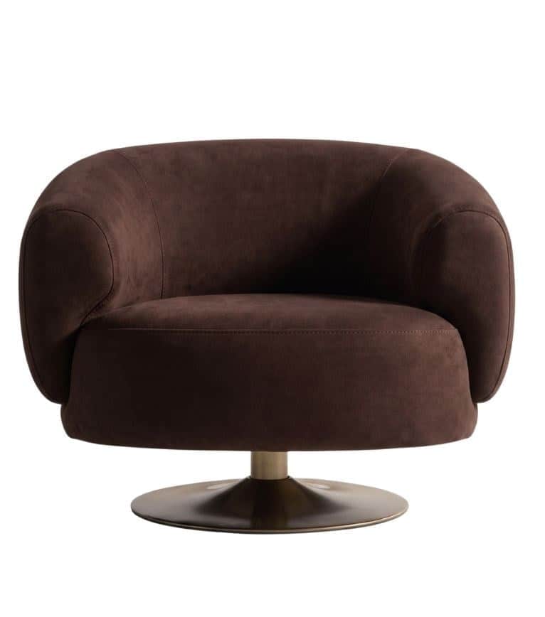 A modern, dark brown upholstered swivel lounge chair with a curved barrel-like silhouette and a circ… — 3D model