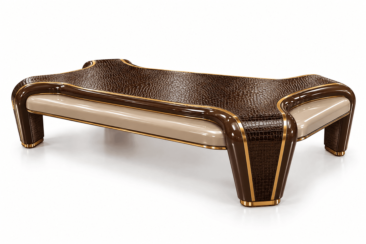 A luxurious Art Deco Revival style coffee table featuring a dark brown crocodile-embossed leather top surface and matching details on the base. The table has a sculptural, curvilinear form with rounded edges, high-gloss dark brown lacquered wood elements, and contrasting beige lacquered panels. Polished brass trim lines the edges of the different material sections, adding a touch of glamour. The base is integrated into the table's overall shape, providing a sturdy and aesthetically cohesive foundation. The design exudes opulence and elegance, characteristic of the Art Deco period. — 3D model