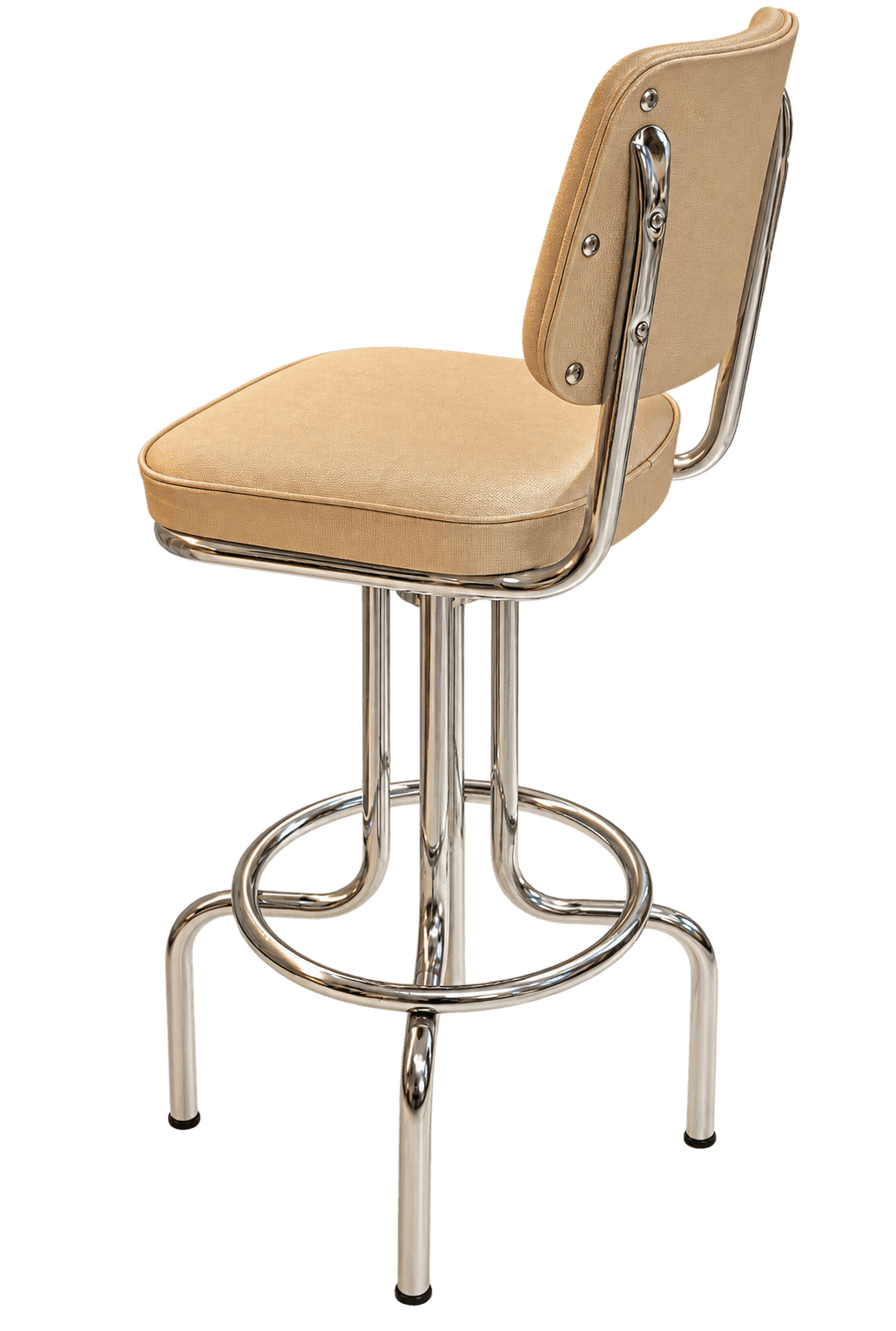 A retro-style bar stool featuring a padded, upholstered seat and backrest, supported by a polished c… — 3D model