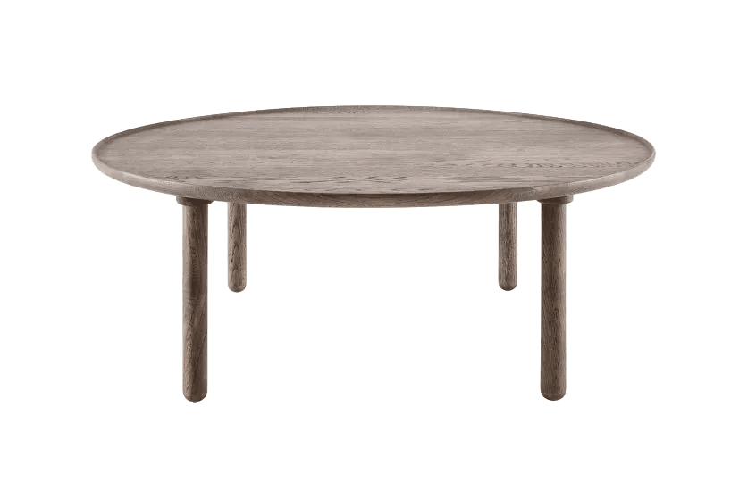 A round coffee table with a slightly raised edge, supported by four cylindrical legs. The wood grain is visible, suggesting a natural finish. The design is minimalist and modern. — 3D model