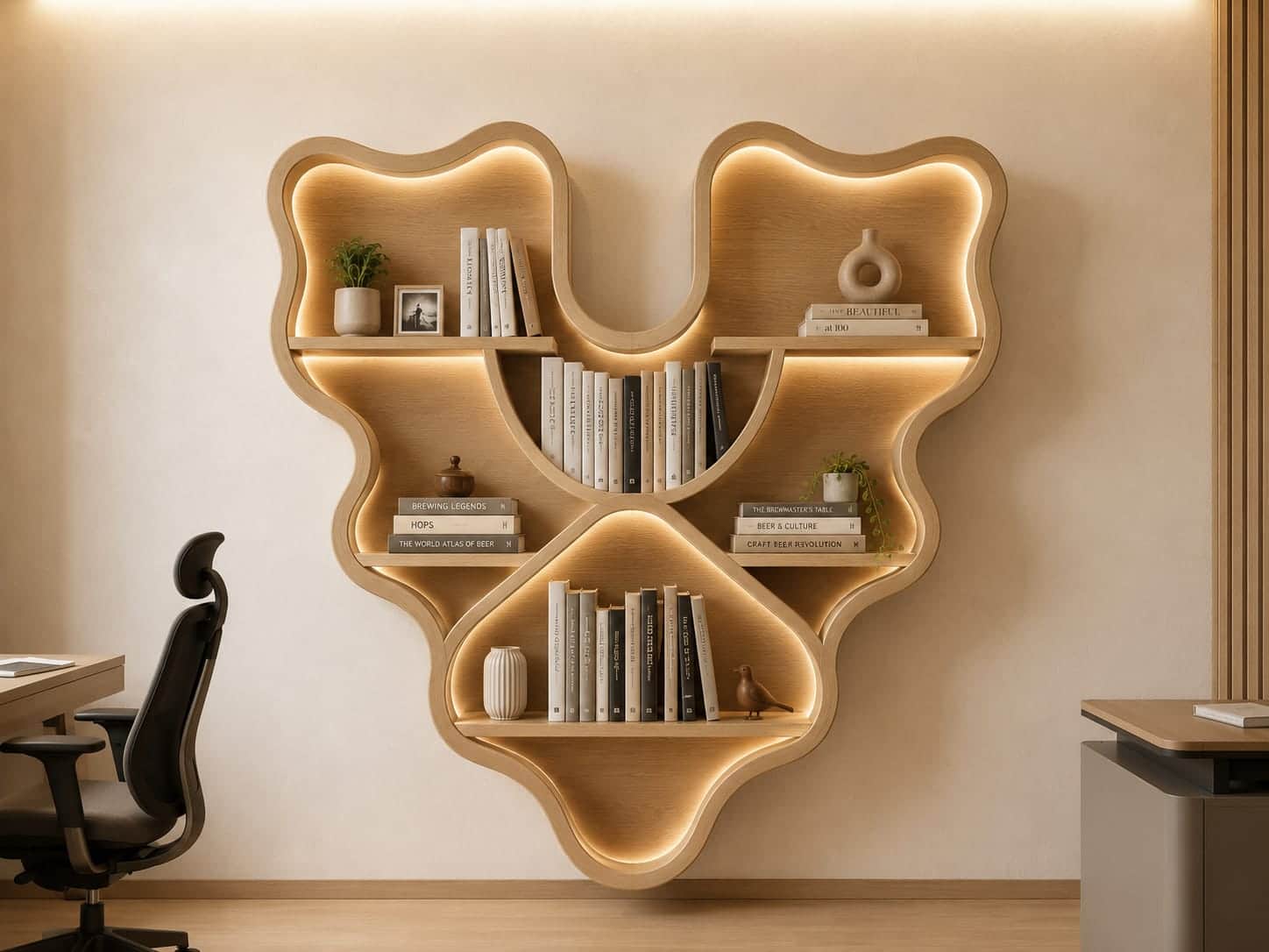A contemporary, wall-mounted bookshelf featuring an organic, wavy silhouette crafted from light-tone… — 3D model
