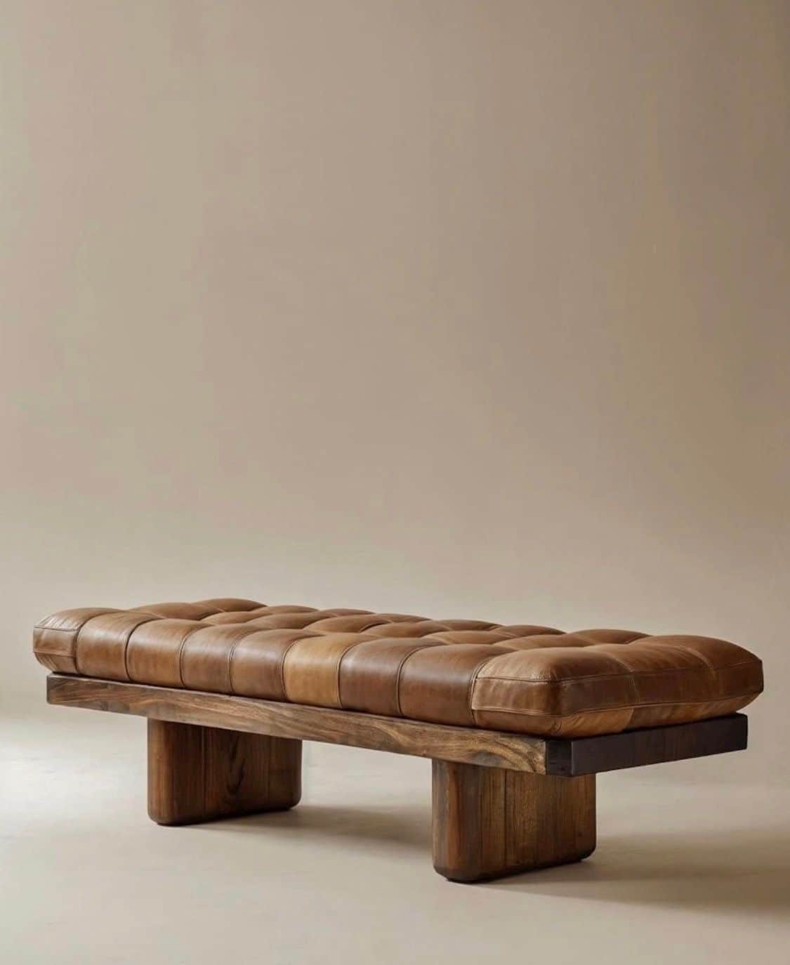 A tufted leather bench with a wooden base. The bench features a rectangular, padded seat upholstered… — 3D model
