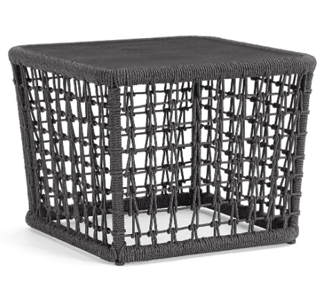 A square end table constructed with a woven rope frame and a solid top. The rope is intricately woven in a grid pattern, creating an open, airy structure. The top surface appears to be made of a dark, solid material. The table has a modern, minimalist design. — 3D model