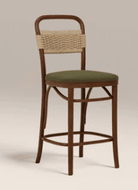 A bar stool featuring a bentwood frame, a woven fiber backrest, and an upholstered seat. The frame is a dark brown wood, and the seat cushion is a muted green fabric. — 3D model