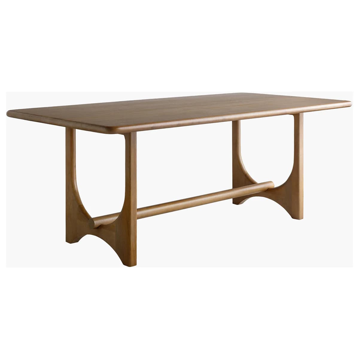 A rectangular dining table with a solid wood top and four legs. The legs are connected by a stretcher bar near the bottom. The design features curved supports extending from the top of the legs downwards, creating an hourglass shape where they meet the stretcher. — 3D model