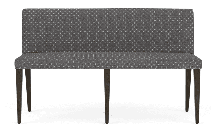 A modern upholstered dining bench featuring a straight backrest and seat, covered in a dark gray fab… — 3D model