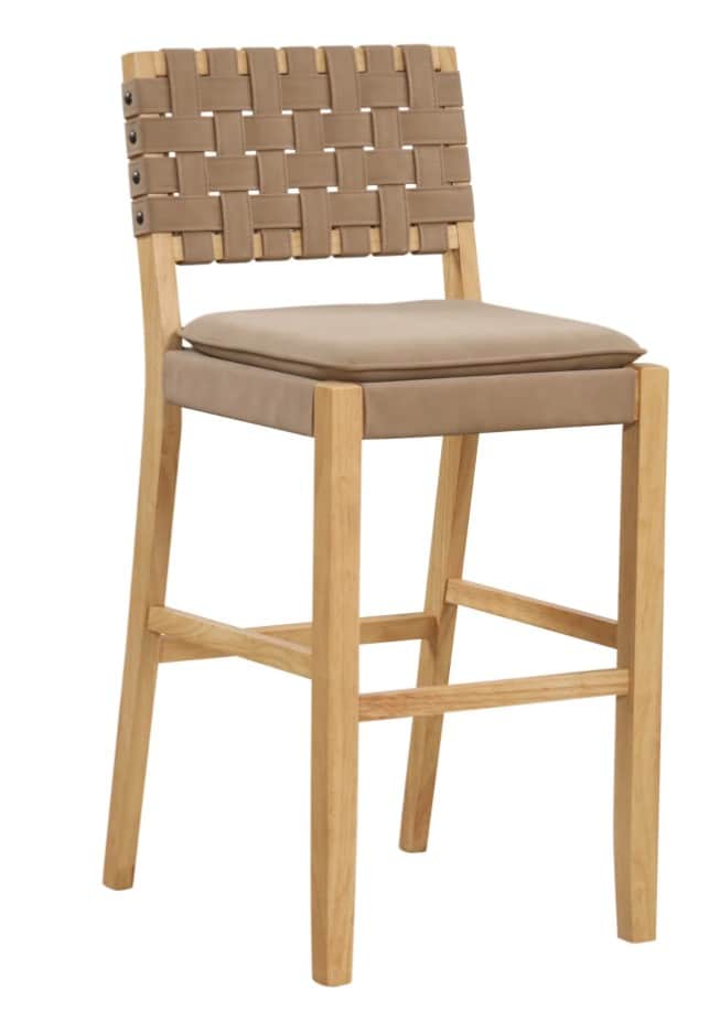 A bar stool with a wooden frame and a woven backrest. The seat is upholstered. The backrest is const… — 3D model